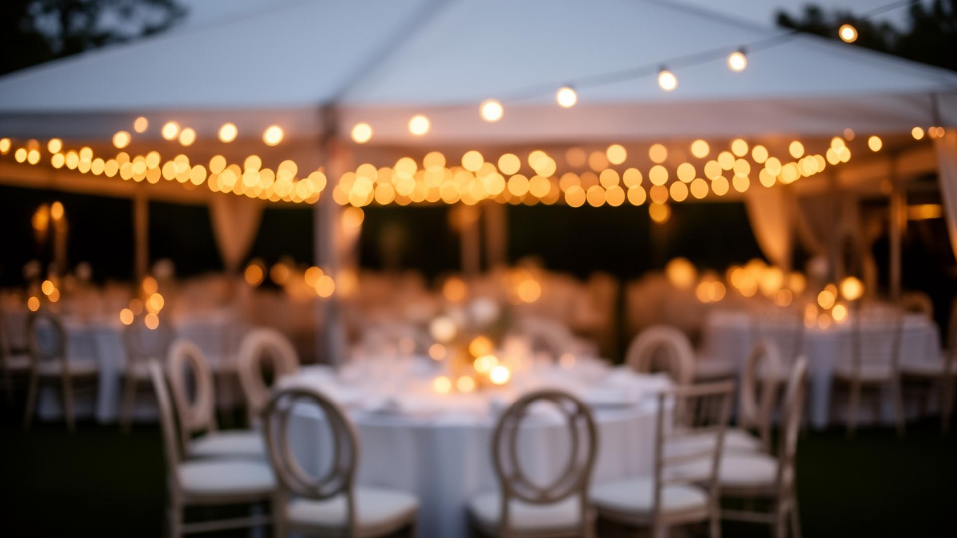 Elegant outdoor tent with warm string lights